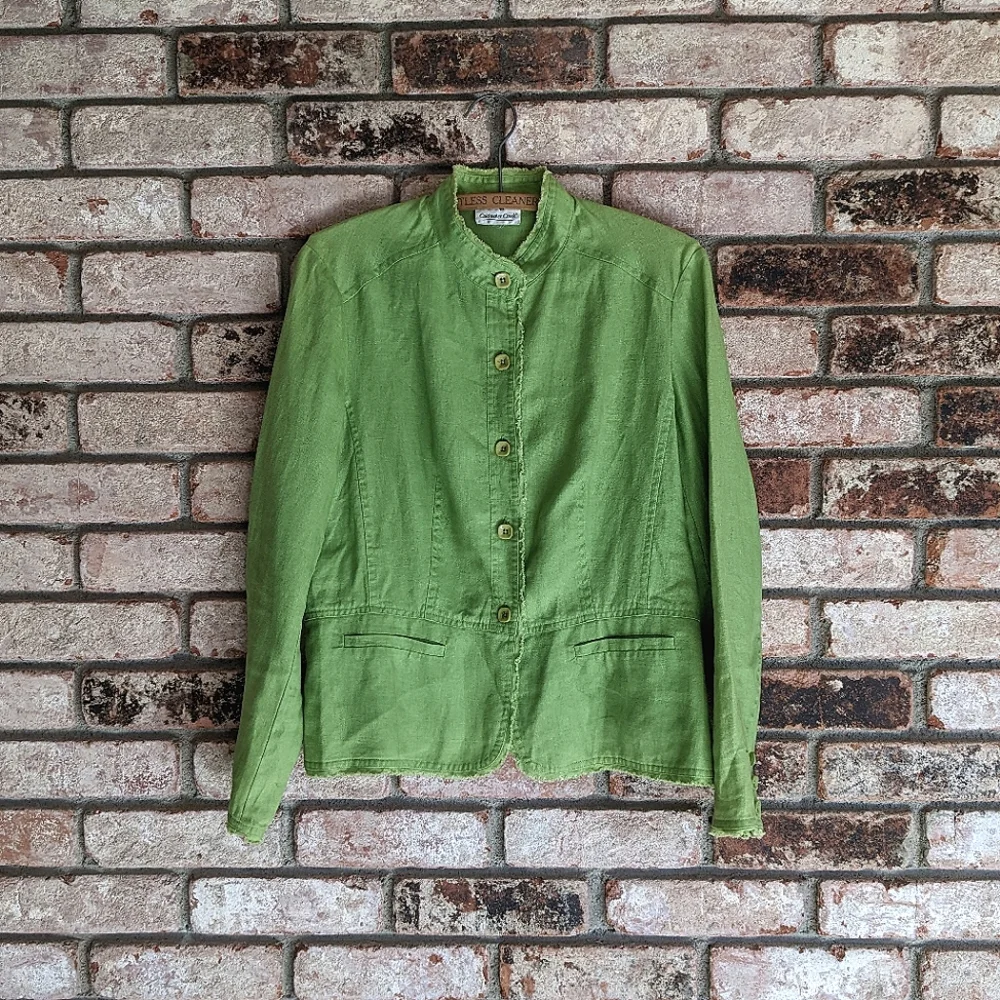 💚 Coldwater Creek 100% Linen Green Lightweight Jacket Large - Picture 1 of 11